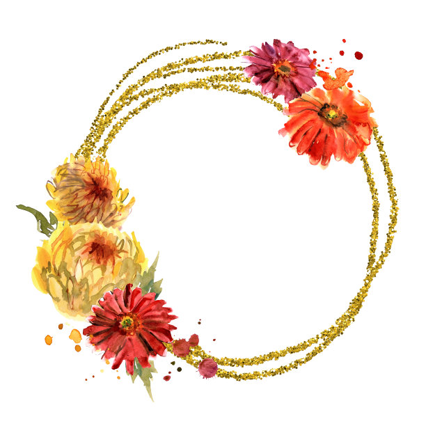 金色框架与水彩黄色菊花和红色非洲菊。用于设计请柬、贺卡的元素图片下载