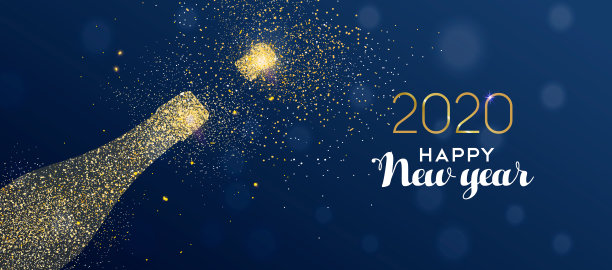 闪闪发光的香槟酒瓶的2020年新年横幅图片下载