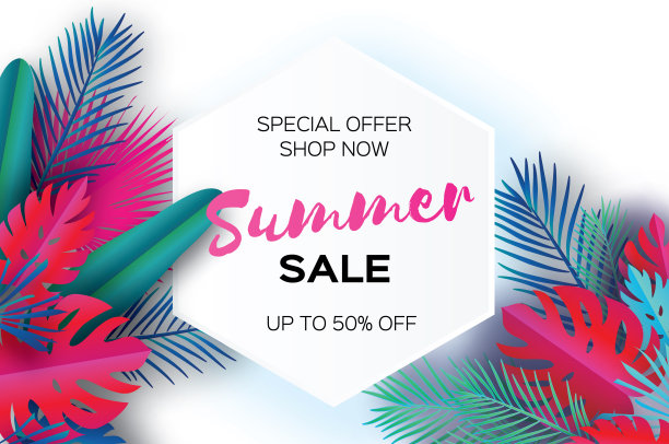 时髦的夏季销售模板横幅。热带棕榈叶、植物。异国情调。夏威夷。空间的文本。六边形框架。多彩的丛林花卉背景。蓬莱蕉。向量图片下载