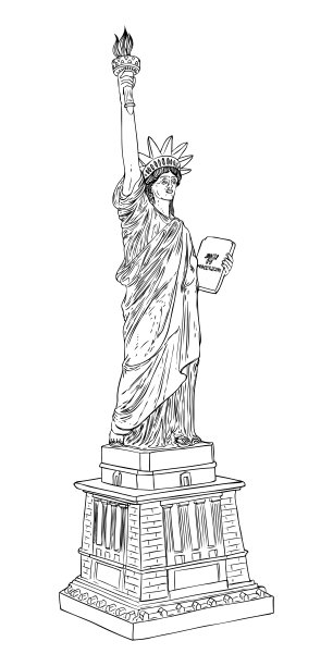 美国自由女神像。美国纽约市著名的旅游地标。海报或传单雕塑插图元素。手绘标志的美国符号演示。向量。图片下载
