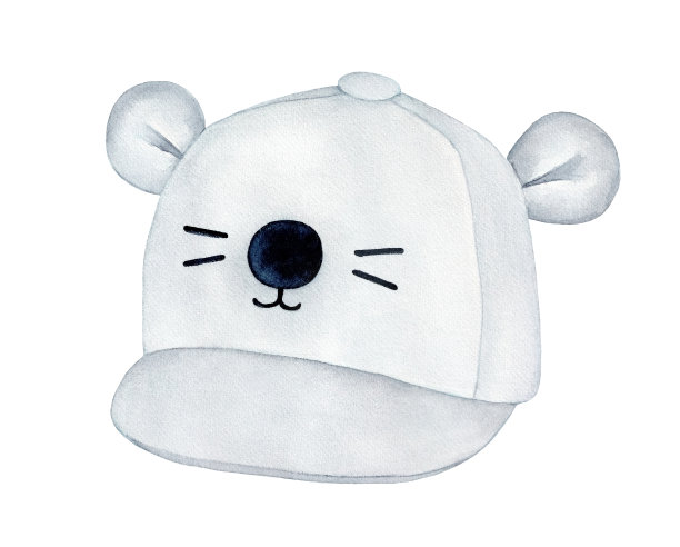 浅灰色棒球帽，小耳朵，圆圆的滑稽的鼻子和可爱的黑色胡须。一个物体，侧视图。手绘水彩图形素描在白色的背景，裁剪剪贴艺术元素。图片下载