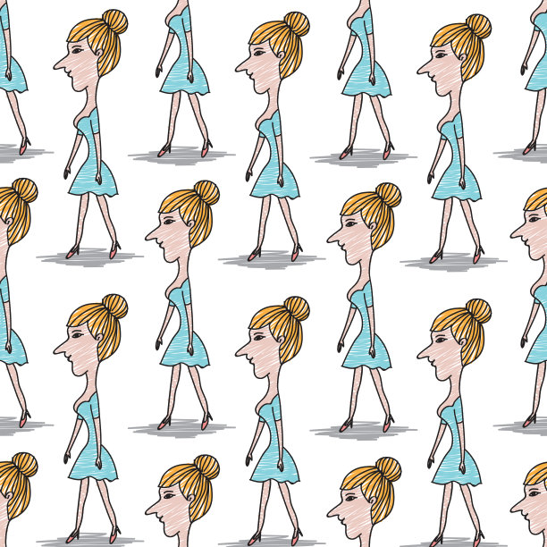 女性无缝图案，涂鸦女人卡通，潮人，手绘矢量插画，织物纹理，人物，礼品包装纸，粉彩背景图片下载