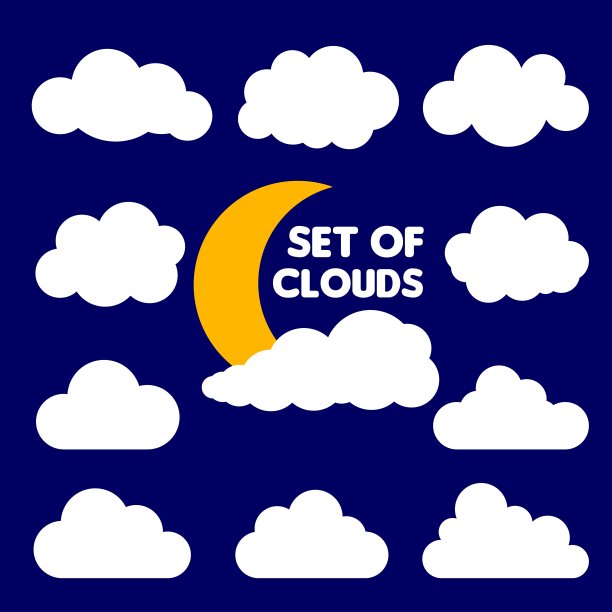 云图标在深蓝色的背景。矢量插图。一套卡通云和月亮孤立在夜空。月光在云向量收集。云景在深蓝色的天空，夜云插图图片下载