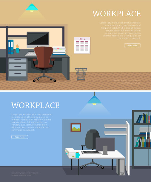 一组工作场所矢量网页横幅在平面设计图片下载
