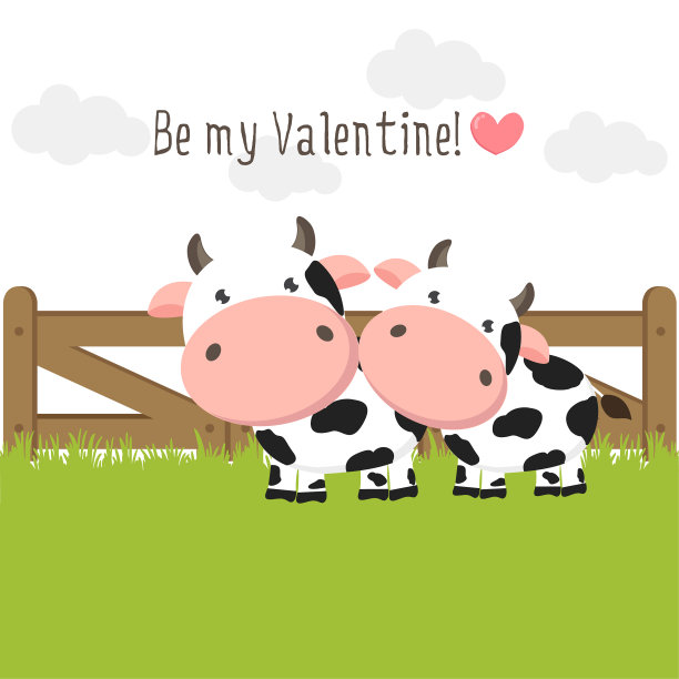 一对可爱的奶牛在绿色的草地上相爱。图片下载