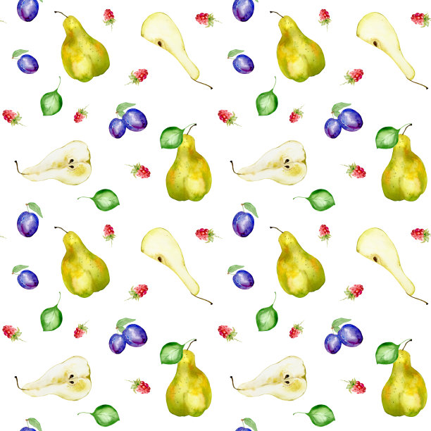 无缝水彩绿梨图案，切丁香，覆盆子，李子，叶。图片下载