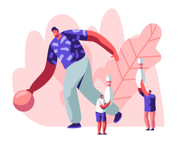 男性角色打保龄球，大个子扔球，小人用瓶子移动。休闲，积极的生活方式，朋友花时间一起在周末，业余卡通平面矢量插图图片下载