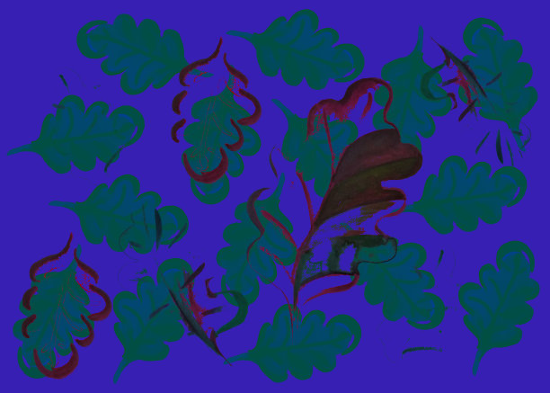 热带风格，充满活力的风格化的橡木叶，橡木叶自由组成或图案上的皇家蓝色块背景，抽象时髦的插图，时尚的图形艺术品，设计，图案或独特的主题印刷在织物，文具图片下载