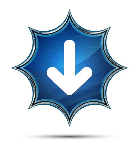 向下箭头图标神奇的玻璃太阳爆发蓝色按钮图片下载