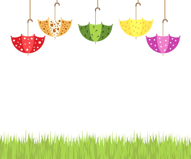 白色背景上彩色的伞、白云和草的插图。图片下载