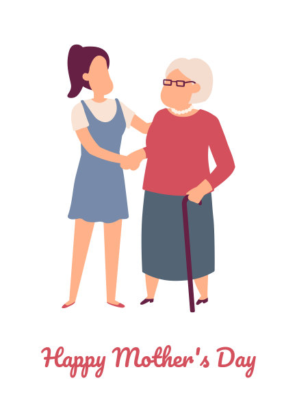 老妇母亲带着女儿平面，简单而卡通的矢量插画，孤立在白色背景上。女儿抱着妈妈图片下载