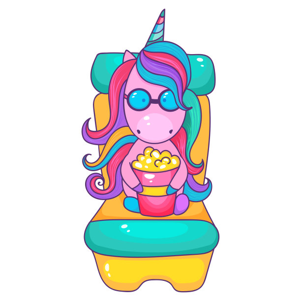 可爱的卡通独角兽戴着眼镜看电视，坐在椅子上。图片下载