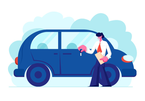 展厅新车附近的经销商摊位。汽车沙龙中持有汽车钥匙及纸质资料的业务员，二手车销售、租赁业务，卡通平面矢量插画图片下载