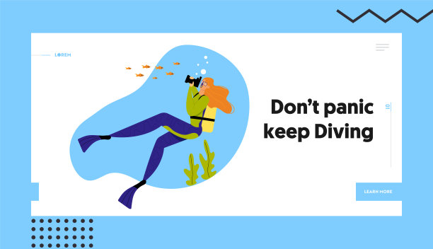 女人水下潜水员拍摄鱼在海洋，女性角色与呼吸管，脚蹼和面具主动娱乐，消遣网站登陆页，网页。卡通平面矢量插图，旗帜图片下载