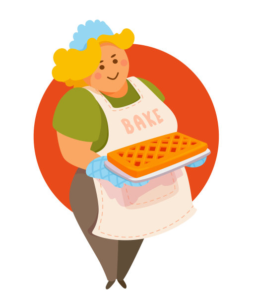 可爱的曲线夫人面包师站在围裙，厨房手套。图片下载