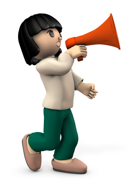 短发的亚洲女孩。她想要一个带手持麦克风的东西。白色背景。3 d演示。图片下载