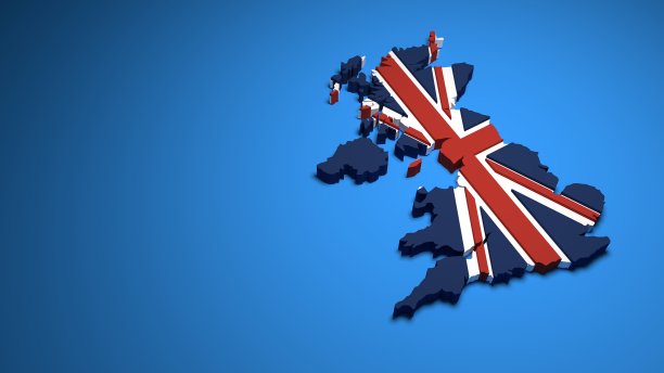 英国的国家形状-三维渲染的国家边界充满了英国国旗的颜色图片下载
