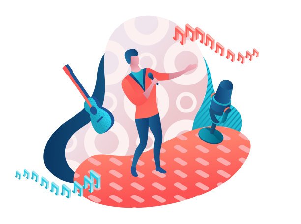 歌手三维等角矢量彩色插图，女孩用麦克风唱歌，广播员图片下载