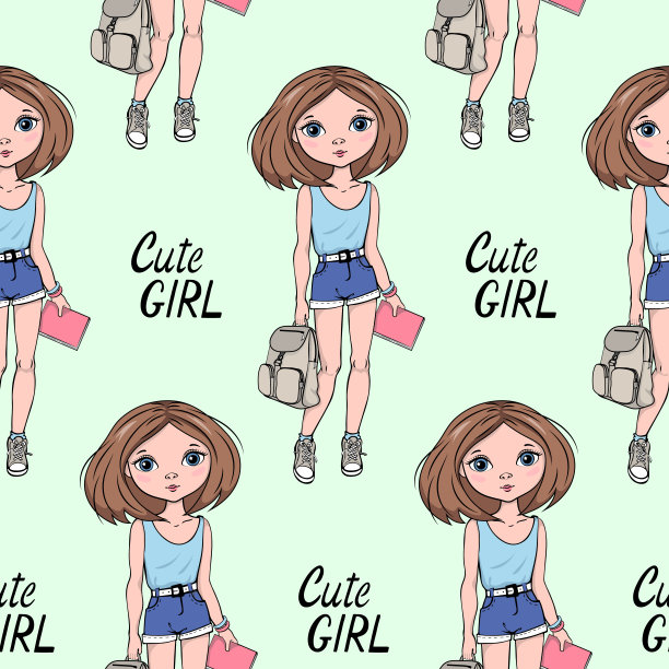无缝图案与手绘美丽少女。卡通旅行者。矢量图图片下载
