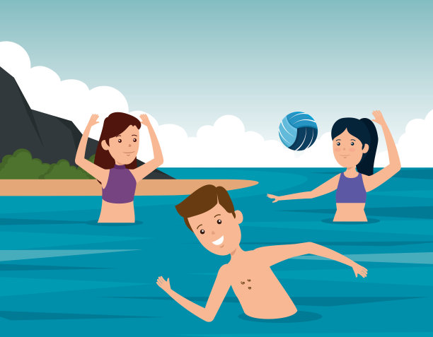 男孩在水里游泳，女孩在打排球图片下载