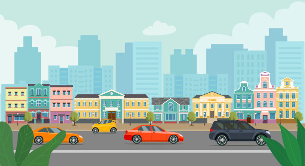 城市街道的全景。城市生活以建筑和汽车为基础。矢量平面插图。图片下载