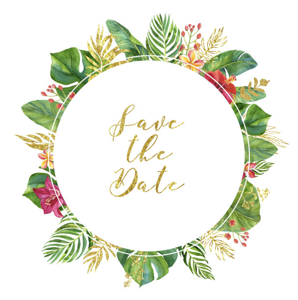 热带水彩插图与叶和花。几何框架的邀请，婚礼，生日，宝宝送礼，保存日期等。图片下载