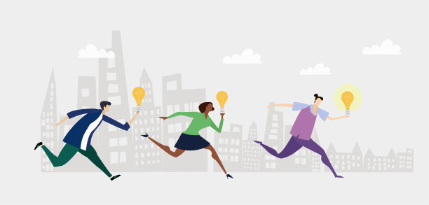人们在城市里跑步，拿着灯泡作为新想法的象征。商业背景图片下载