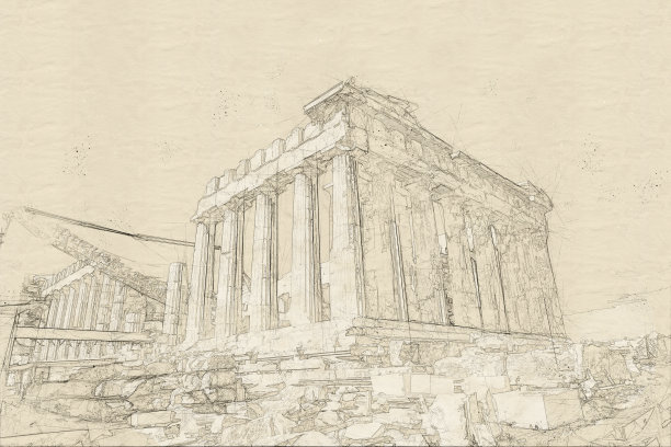 雅典卫城山上古庙遗址素描图片下载