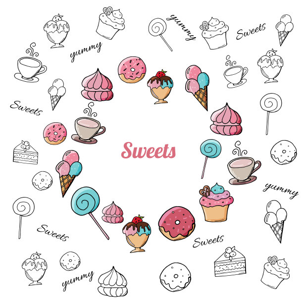 手绘甜点和糖果在白色的背景。图片下载