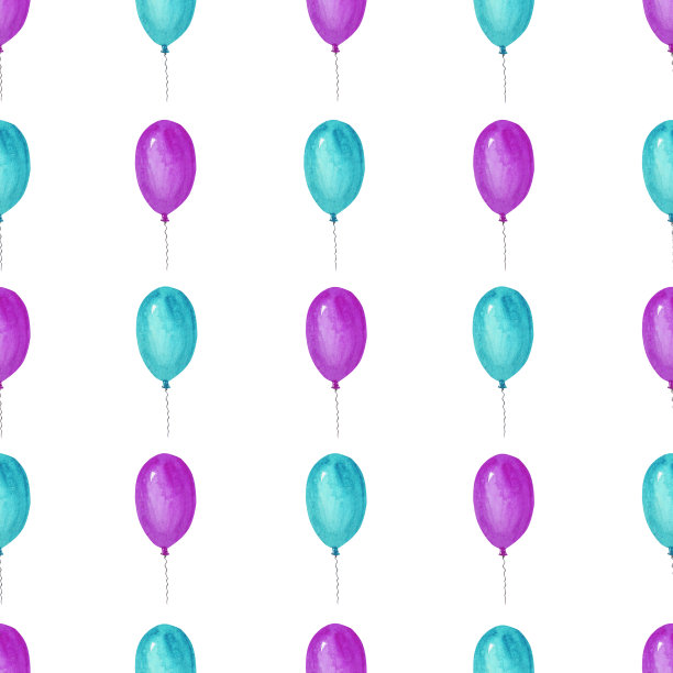 浅蓝色和紫色气球的水彩插图。适用于包装纸、纺织品、织物的无缝印花图片下载