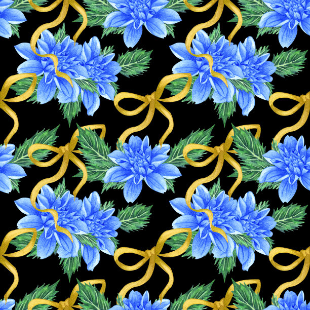 无缝图案与大丽花或牡丹在黑色背景。收集装饰性花卉设计元素。花，芽和叶手绘水彩。图片下载