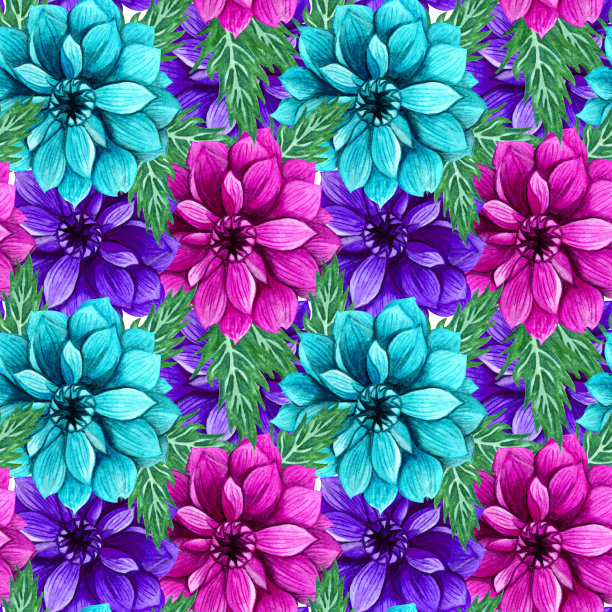 牡丹无缝模式。大丽花织物背景。大型抽象牡丹花手绘水彩。图片下载