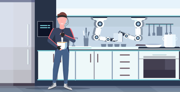 机器人机器人助手创新人工智能概念现代厨房内部平铺平铺图片下载