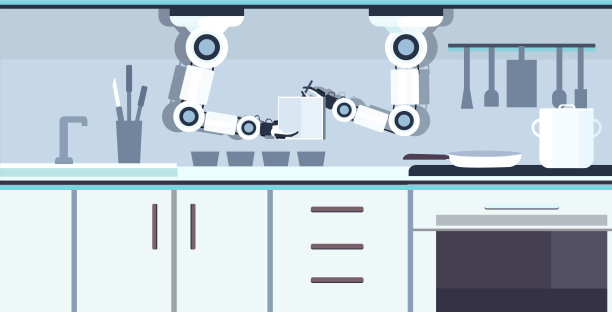 智能手巧厨师机器人手持笔记本书写食谱机器人助手创新技术人工智能概念现代厨房室内平面水平图片下载