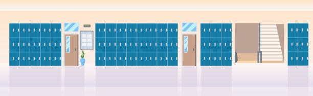 储物柜大厅附近楼梯空无一人，学校走廊内部走廊横幅平放水平图片下载