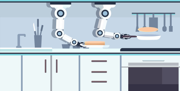 智能厨师机器人在煎锅上准备美味的煎饼机器人助手创新技术人工智能概念现代厨房内部平水平图片下载