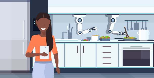 女人用手机app控制智能厨师机器人准备煎蛋和煎蛋卷机器人助手创新人工智能概念现代厨房室内水平肖像图片下载