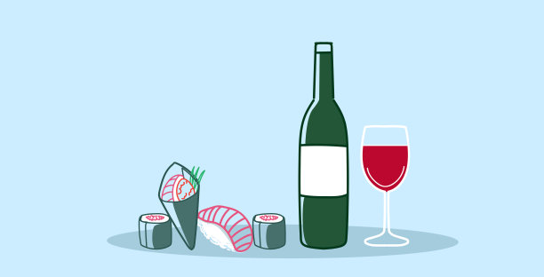 寿司卷配红酒传统日本厨房浪漫晚餐概念素描涂鸦手绘横图片下载