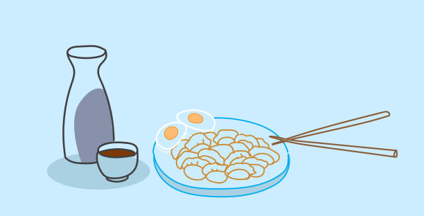 饺子和牛油果与酱油和清酒喝传统亚洲厨房概念素描涂鸦手绘水平素材图片