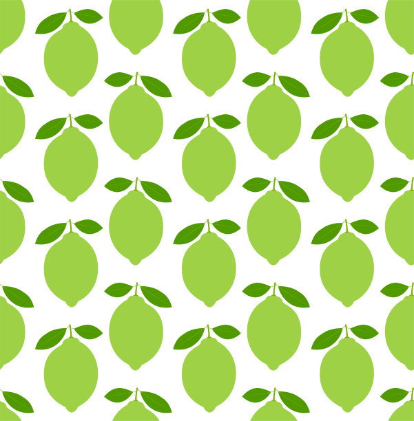 青柠配绿叶，柑橘片白色底色。无缝模式。矢量插图。图片下载