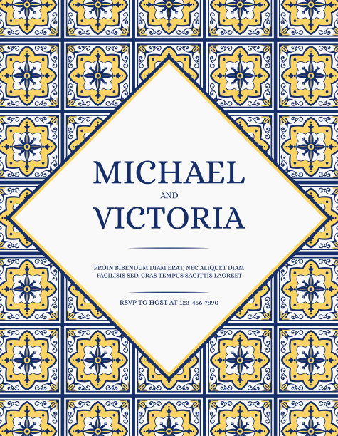 传统婚礼邀请卡模板向量。以白色、蓝色和黄色为背景的民族瓷砖图案。墨西哥保存日期设计图片下载