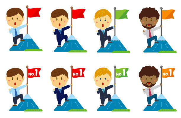 一个商人(亚洲人，日本人，美国人等)在山顶抓国旗的卡通插图集。野心勃勃的商人的隐喻表达。图片下载