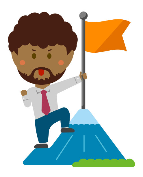 一个商人(黑人)在山顶抓着一面旗帜的卡通插图。野心勃勃的商人的隐喻表达。图片下载