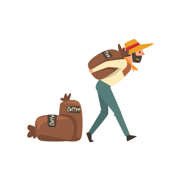 男农民在草帽携带帆布袋，咖啡工业生产阶段矢量插图素材图片