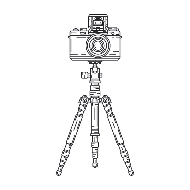 直线矢量图标集数码摄影师专业设备。摄影。装在三脚架、镜头、闪光灯上的摄影相机。卡通风格的插画，元素设计。快照照片工作室。图片下载