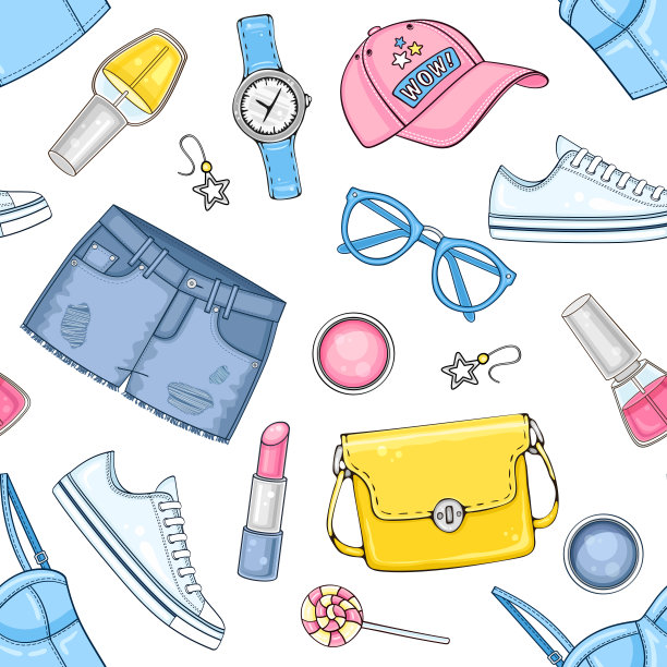 女装时尚夏装、化妆品及配饰搭配上衣、手袋、帽子、太阳镜、运动鞋和牛仔裤短裤图片下载