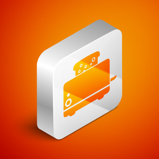 等距烤面包机与吐司图标隔离在橙色背景。银广场按钮。矢量图图片下载