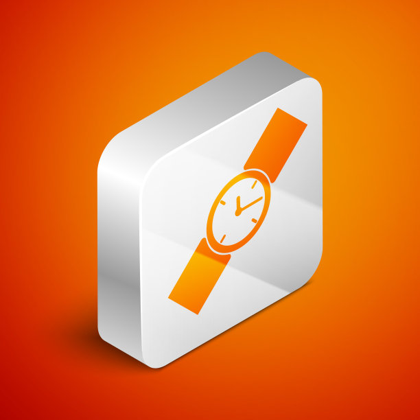 等距腕表图标隔离在橙色背景。手表图标。银广场按钮。矢量图图片下载