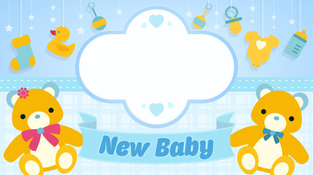 新生儿贺卡。圆形边框与书写空间装饰泰迪熊，婴儿瓶，橡皮鸭，婴儿衣服在黄色与星星背景在蓝色图片下载
