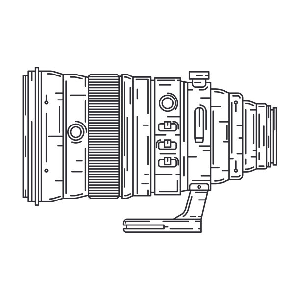 线平矢量图标数码摄影师专业设备。摄影艺术。摄影镜头长焦、鱼眼、人像。卡通风格插画，设计。快照摄影工作室。图片下载